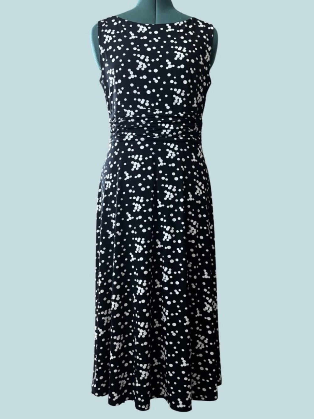 Jessica Howard Black & White Polka Dot Ruched Midi Dress Size 8